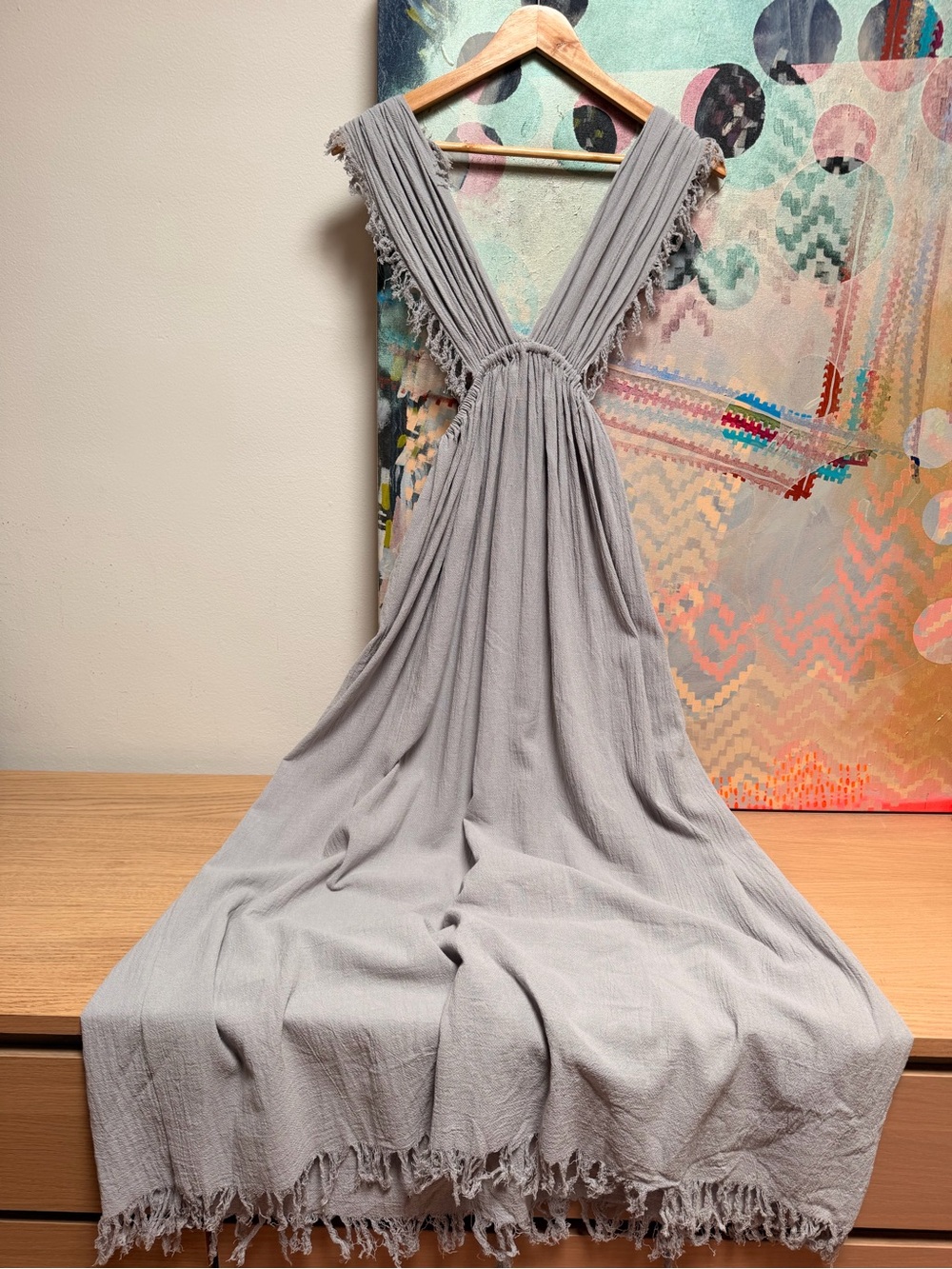 Ilaria Mexico Caftan Wrap Dress Coverup Raw Cotton Voile Gray Blue One Size - Picture 2 of 13